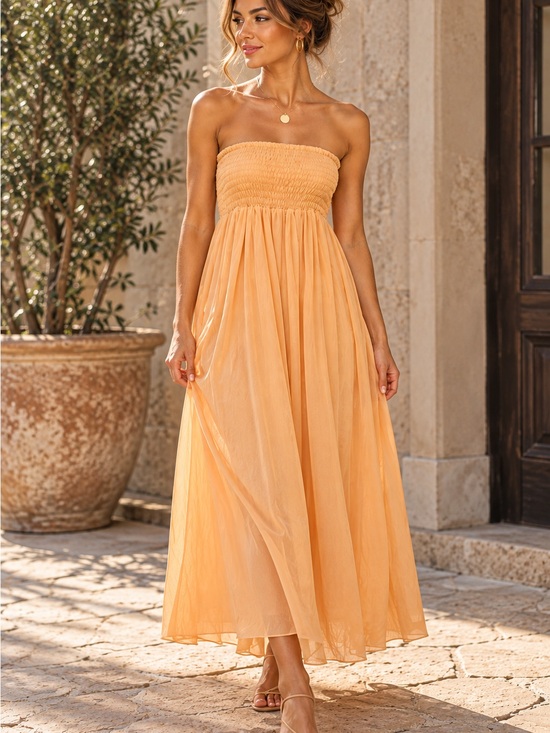 Free People Dresses & Skirts - Free People Peach Strapless Smocked Maxi Dress Lace Up Back XS